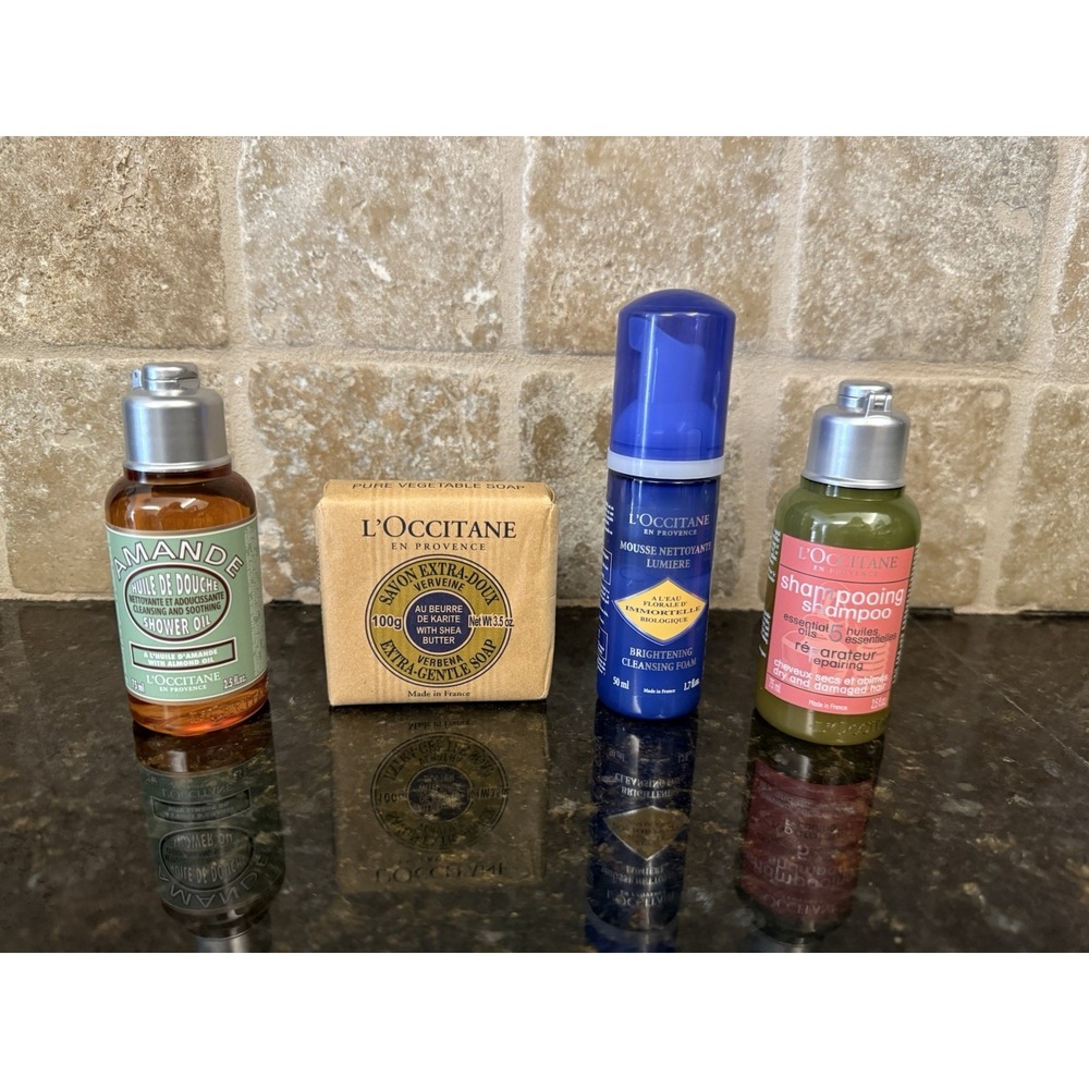 L'Occitane 4 Piece Travel Set Cleansing Foam Amande Oil Shampoo Verbena Soap NEW
